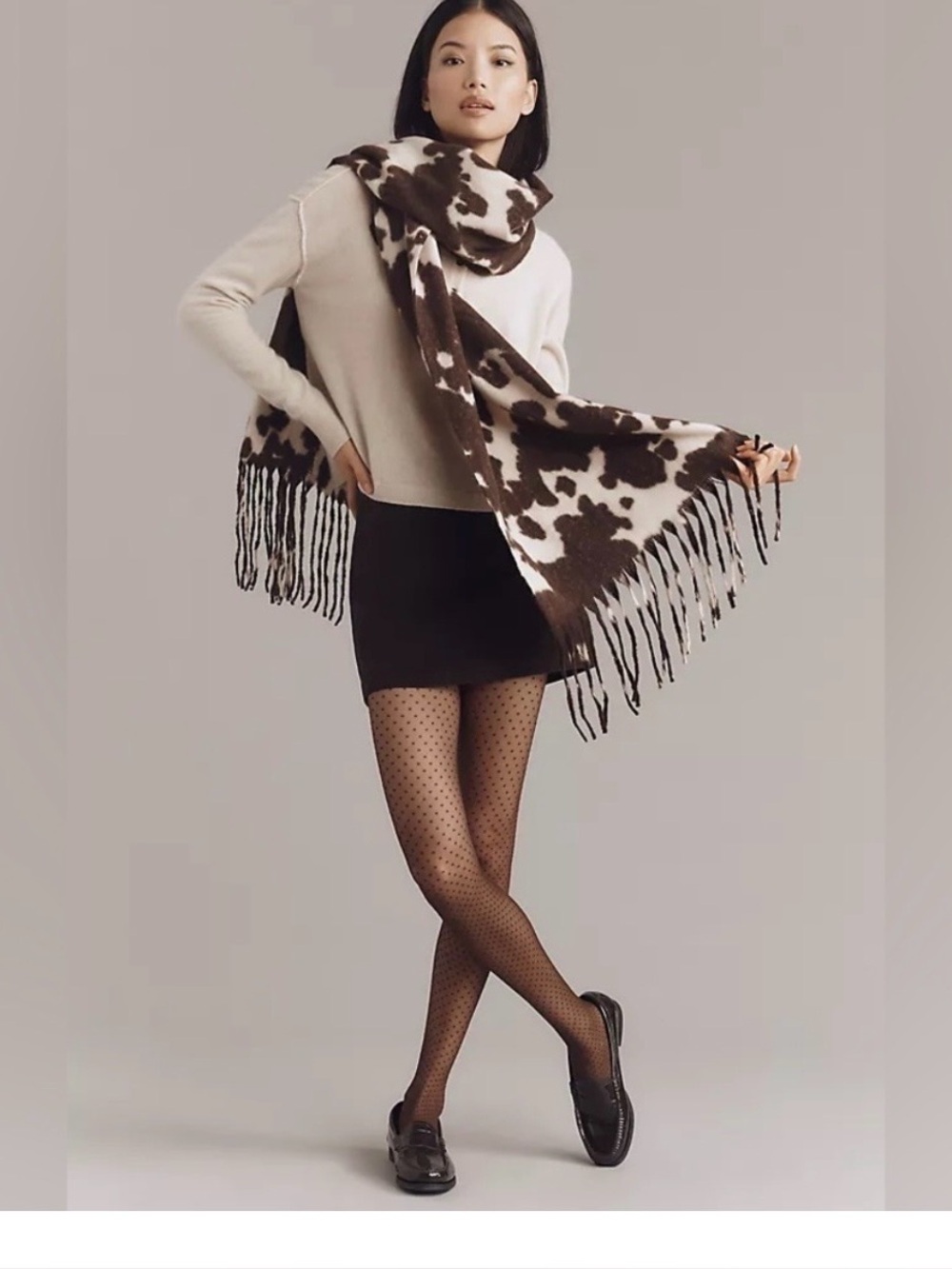 Fringe Cowhide-Print Scarf - Brown & Cream